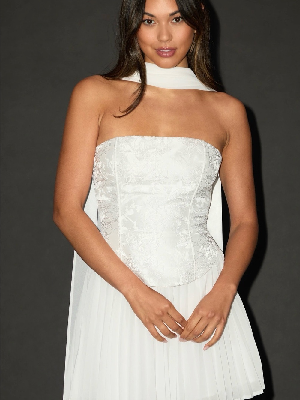 NWT- Lulu's White Strapless Lace Corset Dress with Pleated Skirt